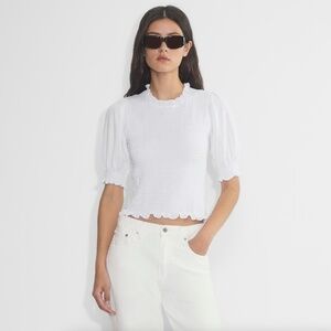 Aritzia White Smocked Puff Sleeve Blouse